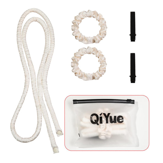 Heatless hair curler set with white ribbon, two black clips, and storage pouch
