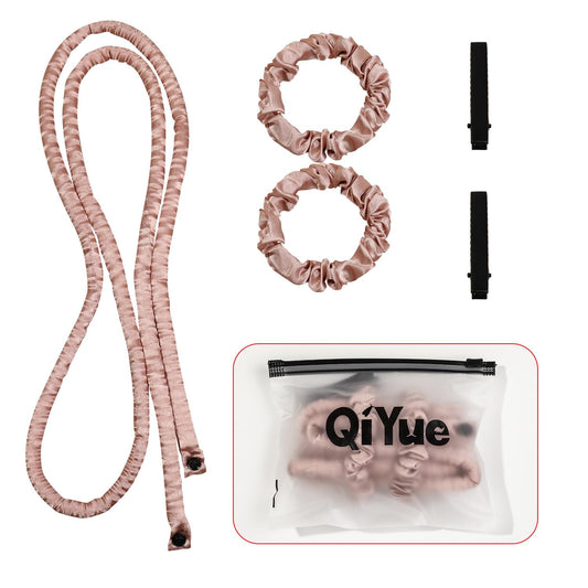 Set of two pink satin heatless hair curler ribbons with clips