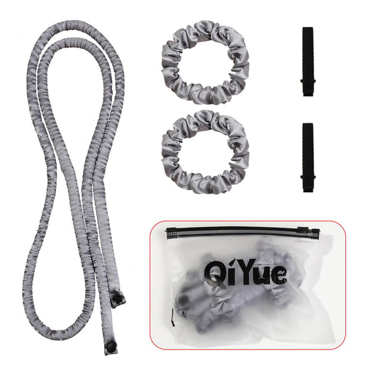 Gray heatless hair curler ribbon set with two scrunchie bands and clips