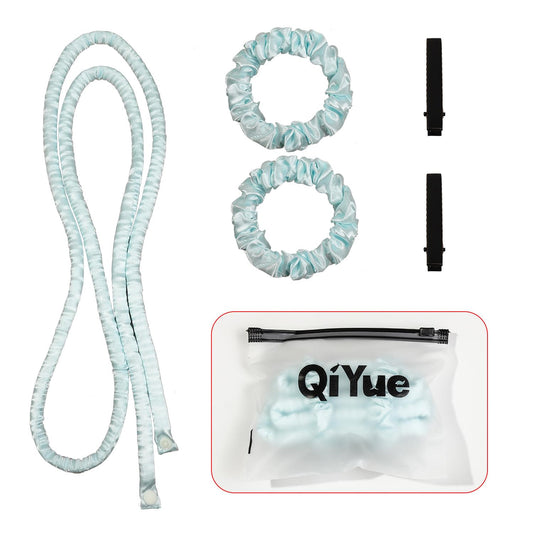Heatless hair curler set with light blue fabric curlers and two black ties