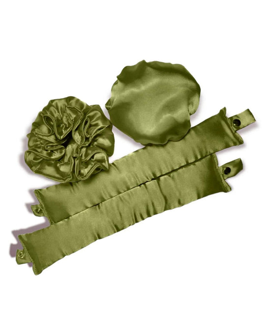 Olive green satin heatless hair curler set with ribbon and sleep cap rolls