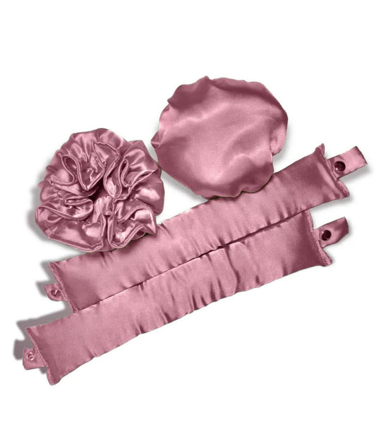 Satin hair curler set with two pink scrunchie caps and matching ribbon straps
