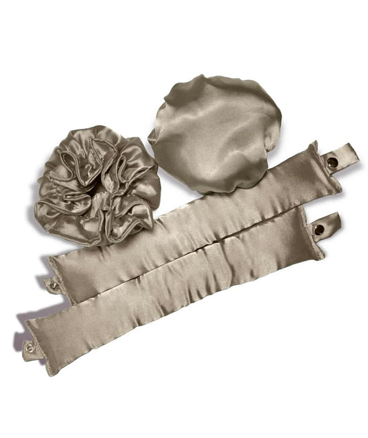 Heatless hair curler set with satin curlers and ribbon ties in taupe/gray