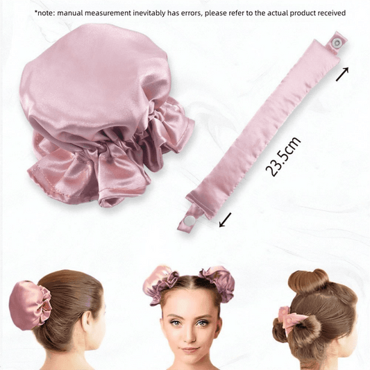 Pink satin heatless hair curler sleep caps with long ribbon tie
