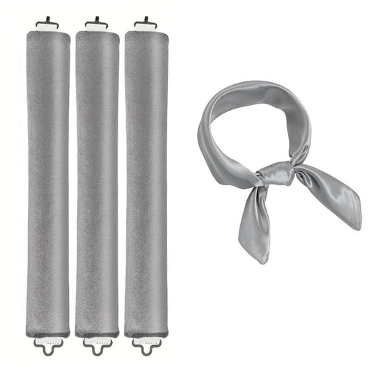 Grey heatless hair curlers with satin scarf and sponge rollers