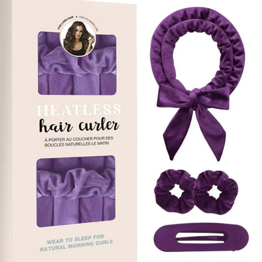 Purple heatless hair curler set: bow wrap, two hair cuffs, and clip comb