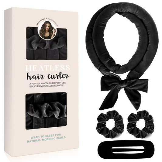 Black heatless hair curler set with bow ribbon, ring and two matching scrunchies