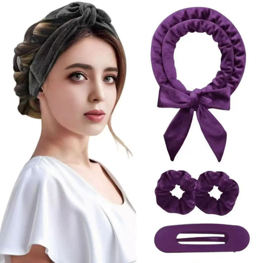 Heatless hair curler set with purple bow ring, two scrunchies, and snap clip