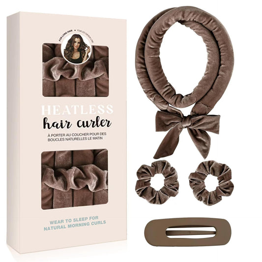 Dark brown heatless hair curler set with bow ribbon, two scrunchies, and clip