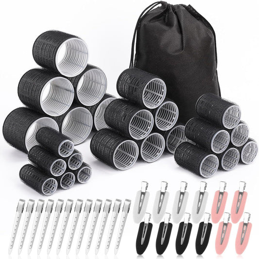 Multi-size plastic hair roller set with clips and storage bag
