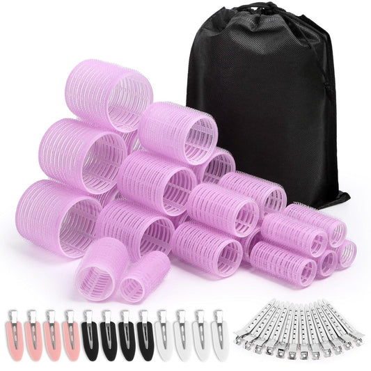 Pink and light purple plastic hair roller set with clips and black storage bag