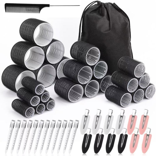 Black plastic hair rollers set with clips and black storage bag