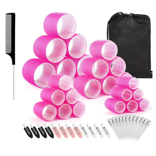 Pink plastic hair rollers with clips, styling comb, and storage bag