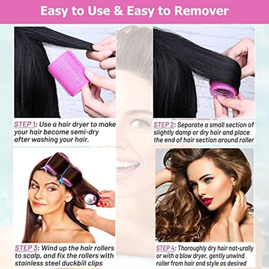 Pink plastic hair rollers with clips, wound on hair sections