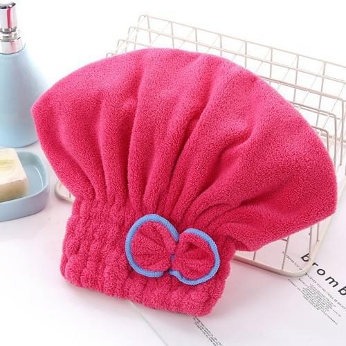 Rose red coral fleece hair towel cap with double-layer turban and bow detail