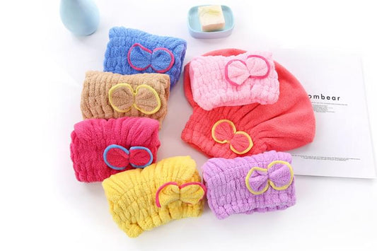 Multi-color coral fleece towel turban caps set with bow accents