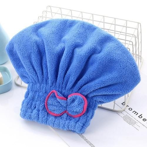 Sky blue fleece hair drying towel cap, turban style with stitched bow