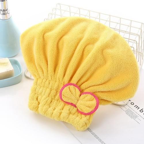 Yellow coral fleece hair drying towel cap with double-layer bow at front