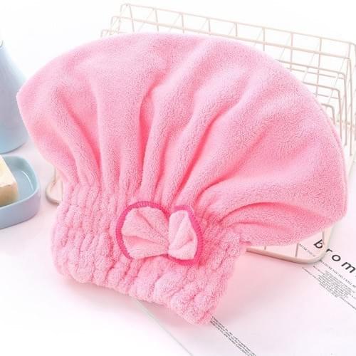 Pink coral fleece hair drying towel cap with bow detail, double-layer turban shape