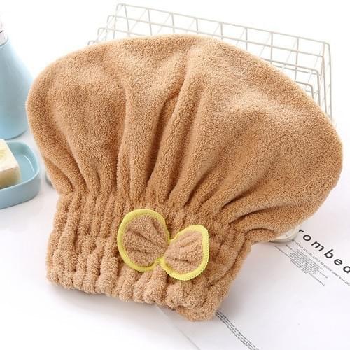 Coffee-brown coral fleece hair drying towel cap with double-layer turban and bow detail