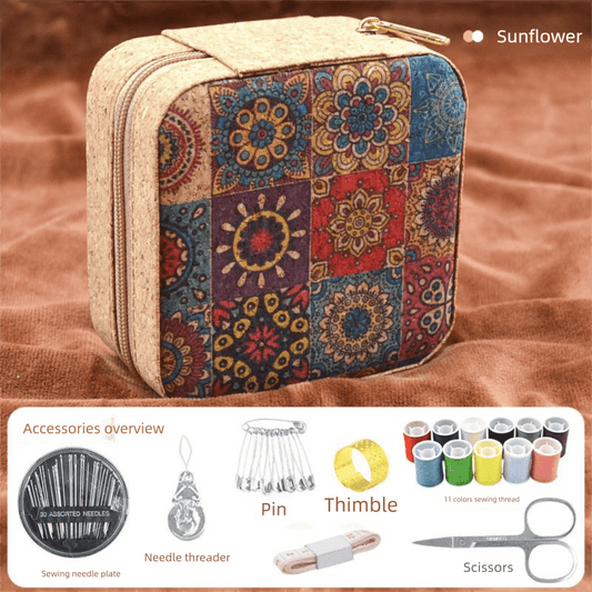 Brown compact sewing kit pouch with colorful patchwork sunflower design and zipper closure