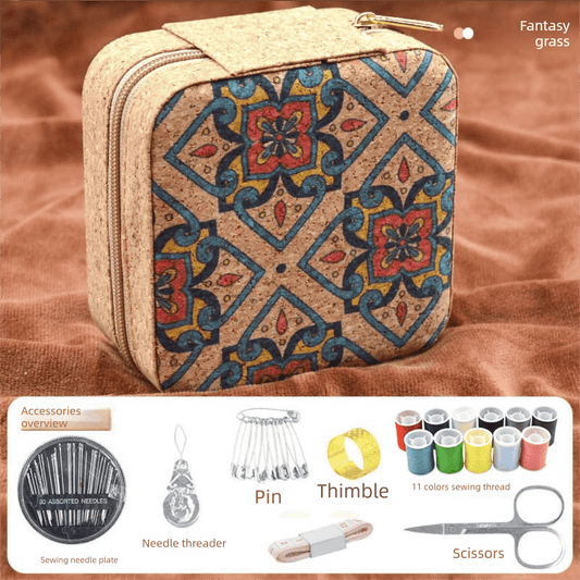 Brown sewing kit pouch with colorful geometric patchwork and zipper closure.