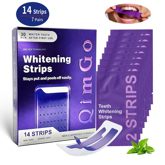 Purple teeth whitening strips pack with multiple applicator strips