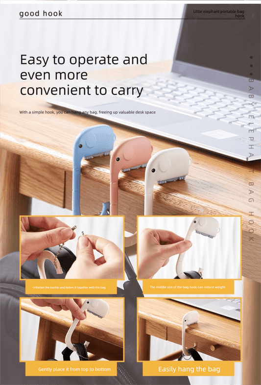 Elephant-shaped adhesive bag hooks, blue, pink, and white on desk edge