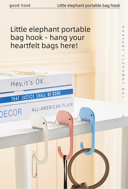 Cartoon Elephant Desk Side Bag Hook Pink Portable Adhesive Schoolbag Hanger No-Drill Movable Table Hook for Students and Office