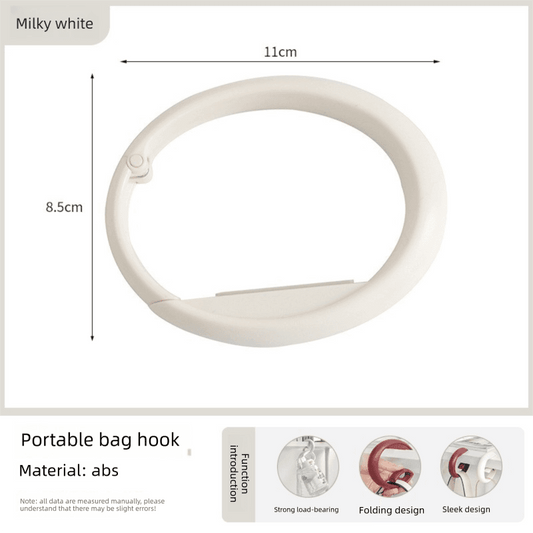 Cream white foldable portable bag hook hanger, circular ring with clip