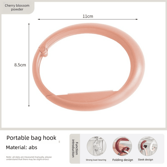 Foldable bag hook ring in rose pink ABS for hanging on desk edges