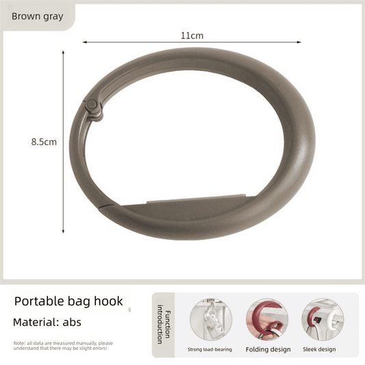 Foldable bag hook holder, brown-gray oval clip, 11cm x 8.5cm