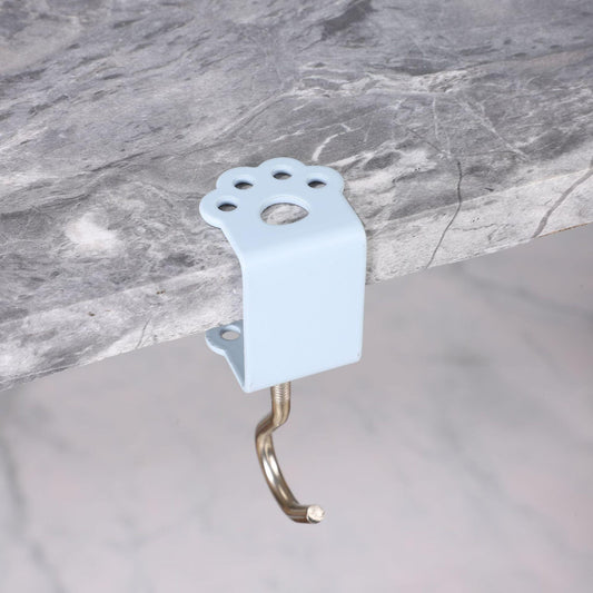 Light blue desk side hook clamp with curved metal hanging hook