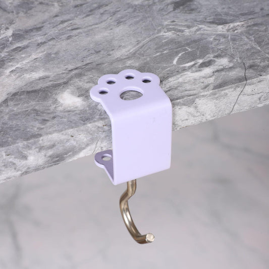 Desk side hanging clamp with light purple paw plate and curved metal hook