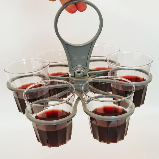 Grey 6-cup drink carrier tray holding six clear cups of iced coffee