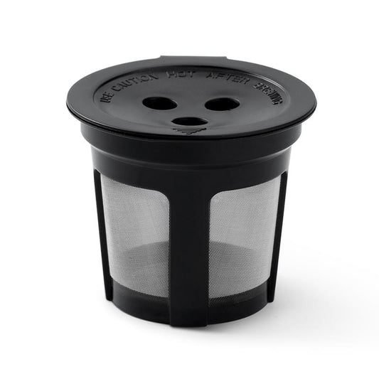 Reusable K-cup coffee pod filter with black mesh cup and vented lid