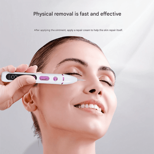 White electric spot remover pen applied to a woman's cheek