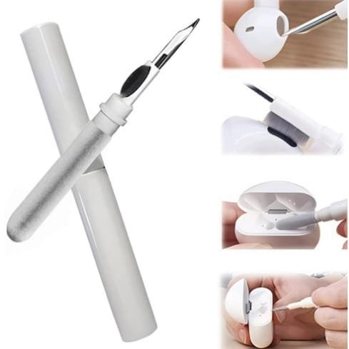 White 3-in-1 earbud cleaning pen with soft brush and metal tip, earbuds case shown