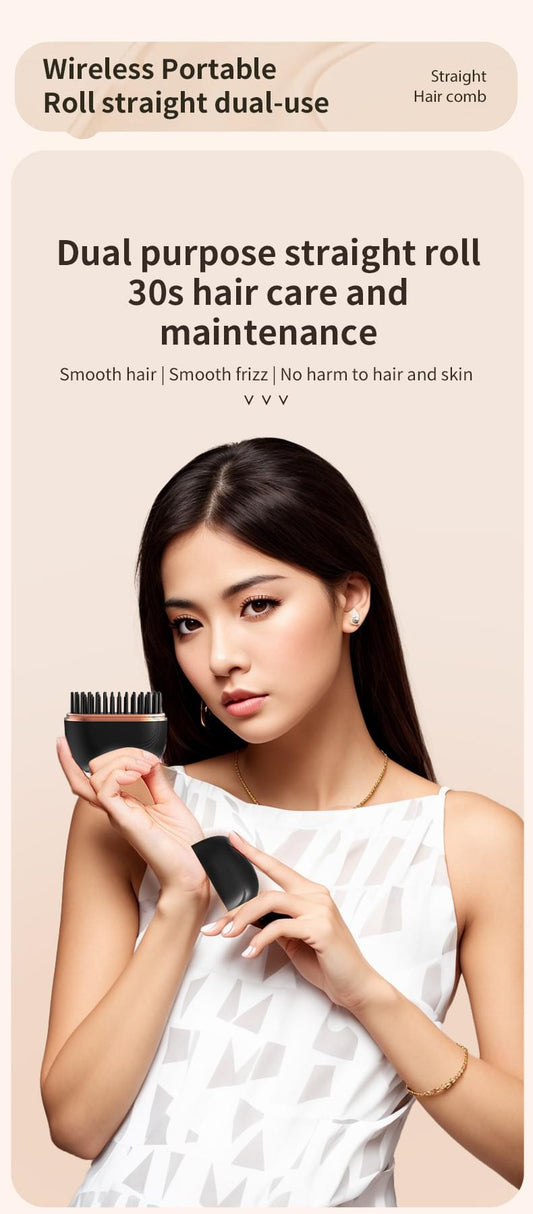 Cordless hair straightening brush held near hair with black comb bristles