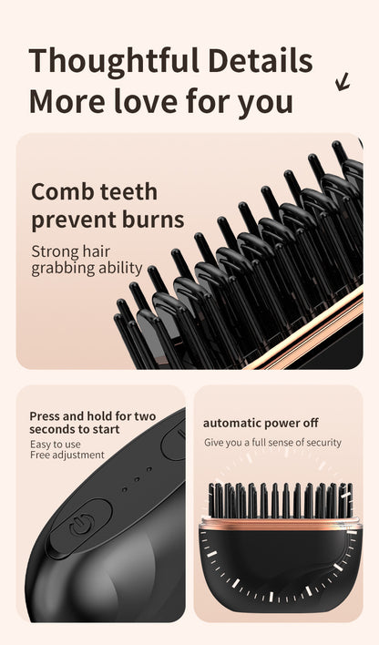 Black Cordless Portable Hair Straightening & Curling Brush - Plant Protein Coating for Hair Protection, 30s Fast Heating & Dual Anti-Scald