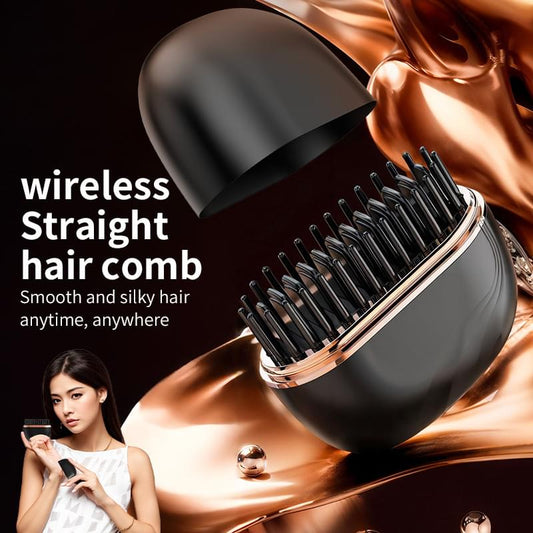Black hair straightening and curling brush with rose-gold base and pin bristles