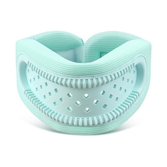 Turquoise V-shaped neck brace with molded foam inserts and adjustable band