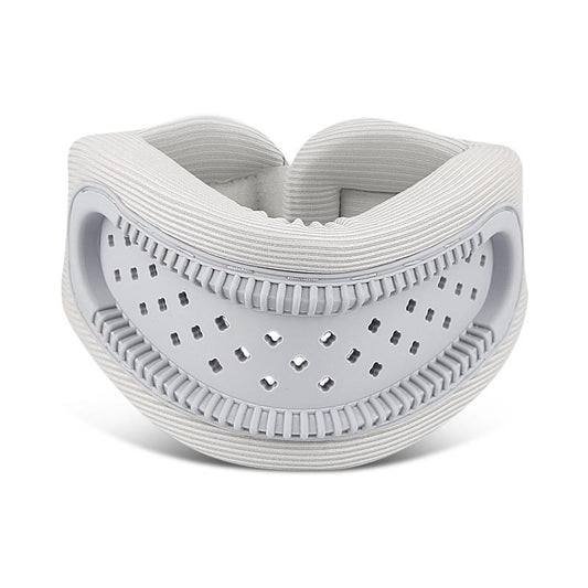 Grey V-shaped neck brace with perforated foam insert and adjustable fit