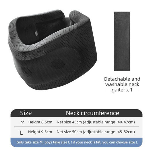 Dark perforated cooling neck brace with adjustable strap and washable cover