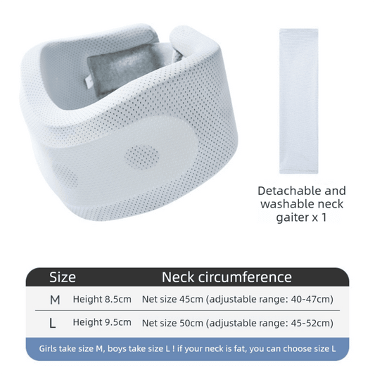 Light blue adjustable neck brace with perforated cooling cover and gray support core