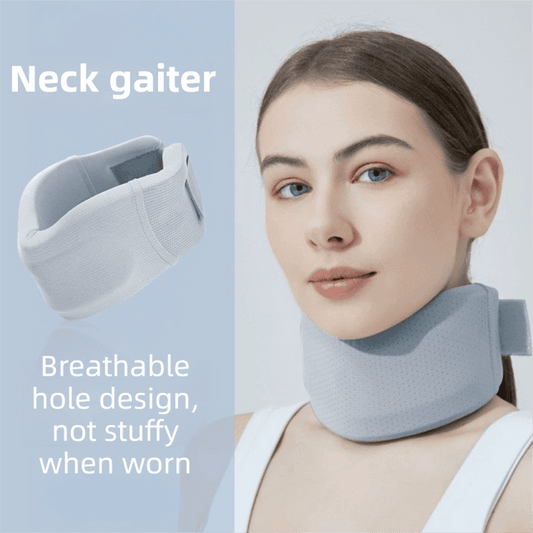 Light gray neck brace worn by model with adjustable strap