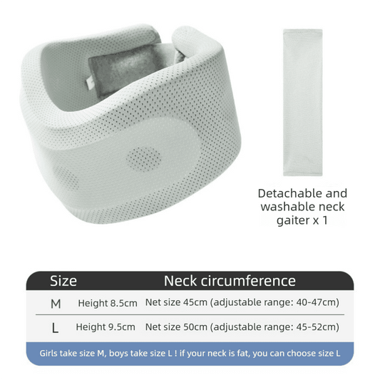 Light gray neck brace with detachable washable cover, folded piece and separate panel