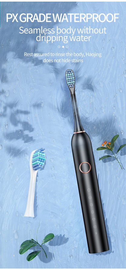 Black Smart Sonic Electric Toothbrush Kit with 4 Heads & Travel Case - 6 X Cleaning Modes and High-Frequency Vibration with Soft Protective Bristles