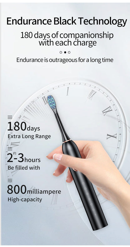 Black Smart Sonic Electric Toothbrush Kit with 4 Heads & Travel Case - 6 X Cleaning Modes and High-Frequency Vibration with Soft Protective Bristles