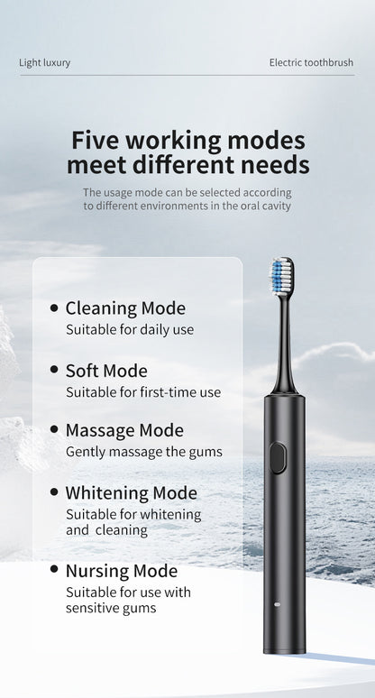 Black Sonic Electric Toothbrush Kit with 5 Cleaning Modes, 4 Heads & Travel Case - Smart Timer & Quad-Pacer, Soft Double-Arc Bristles and 120-Day Long Battery Life